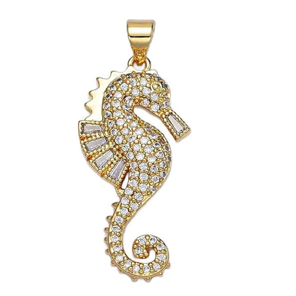 24K Gold Filled Baguette Micro Paved Cz Sea Horse Charm