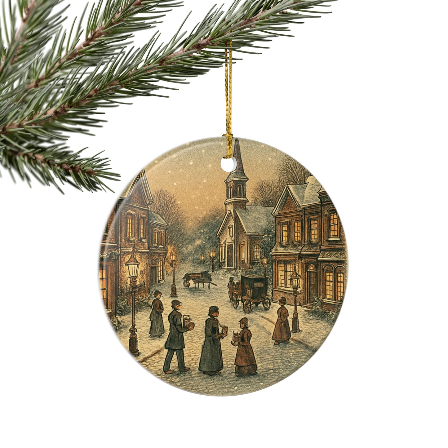 Vintage Victorian Village Scene Ceramic Christmas Tree Ornament