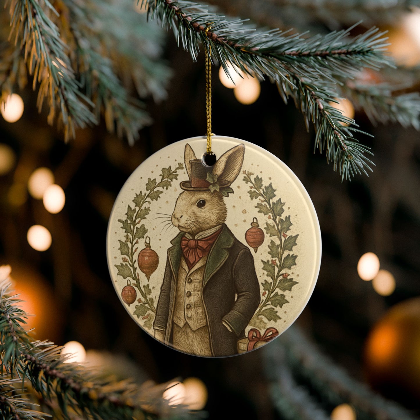 Victorian Bunny Ceramic Christmas Tree Ornament