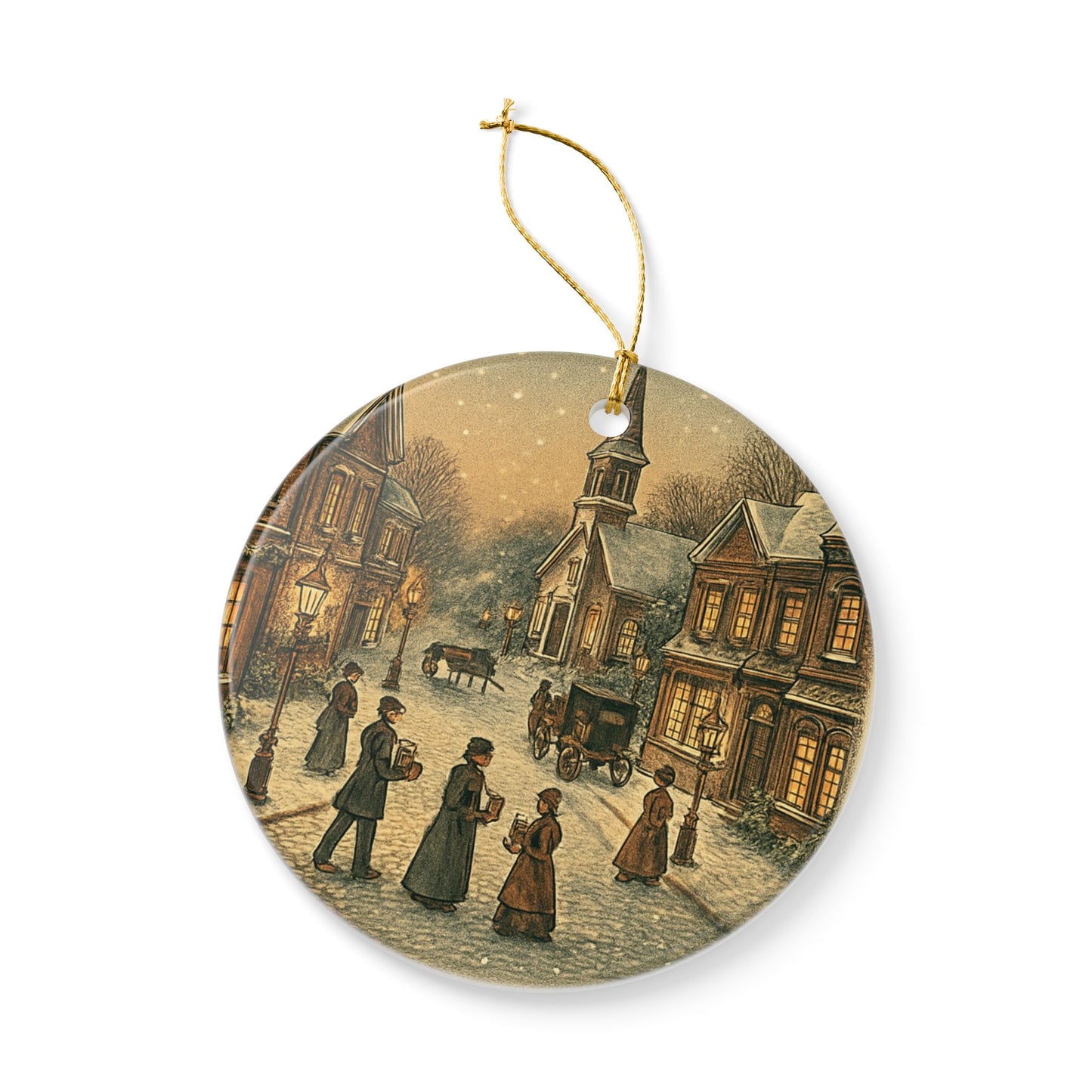 Vintage Victorian Village Scene Ceramic Christmas Tree Ornament