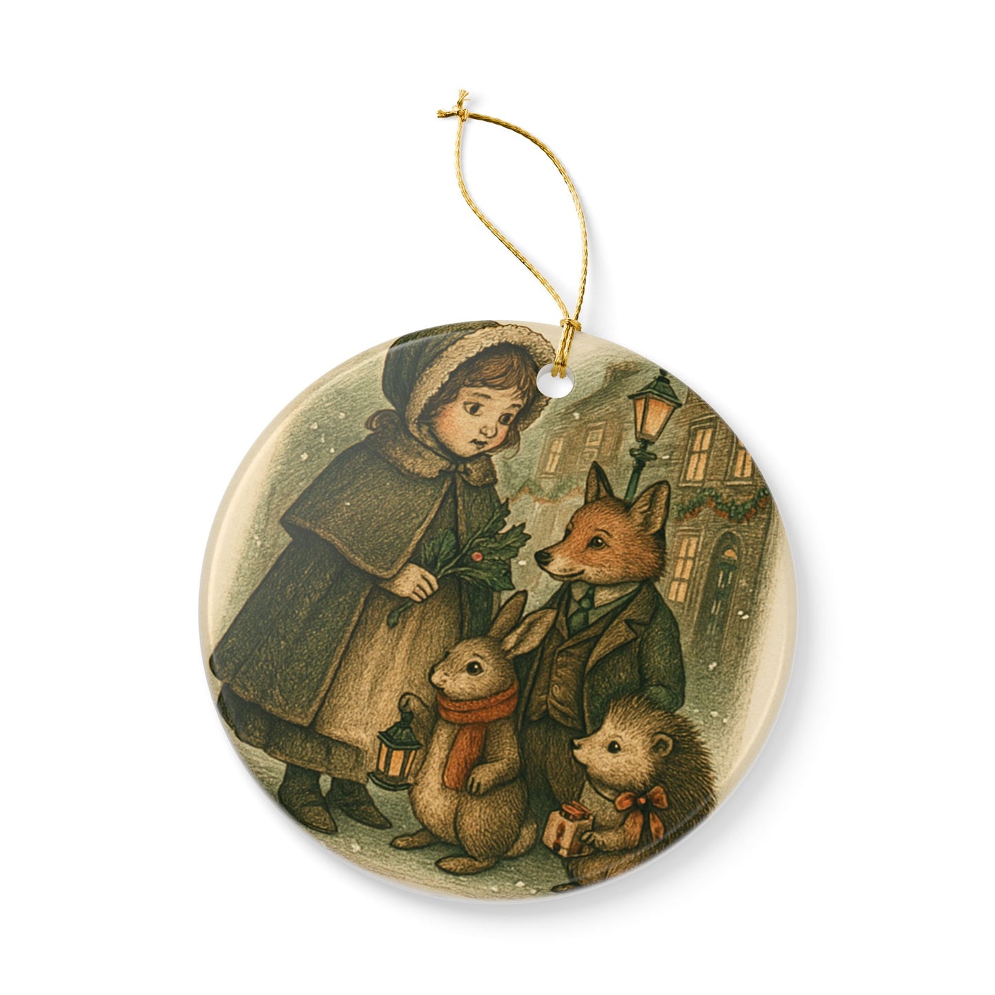 Ceramic Victorian Christmas Tree Ornament, Woodland Animals & Little Girl