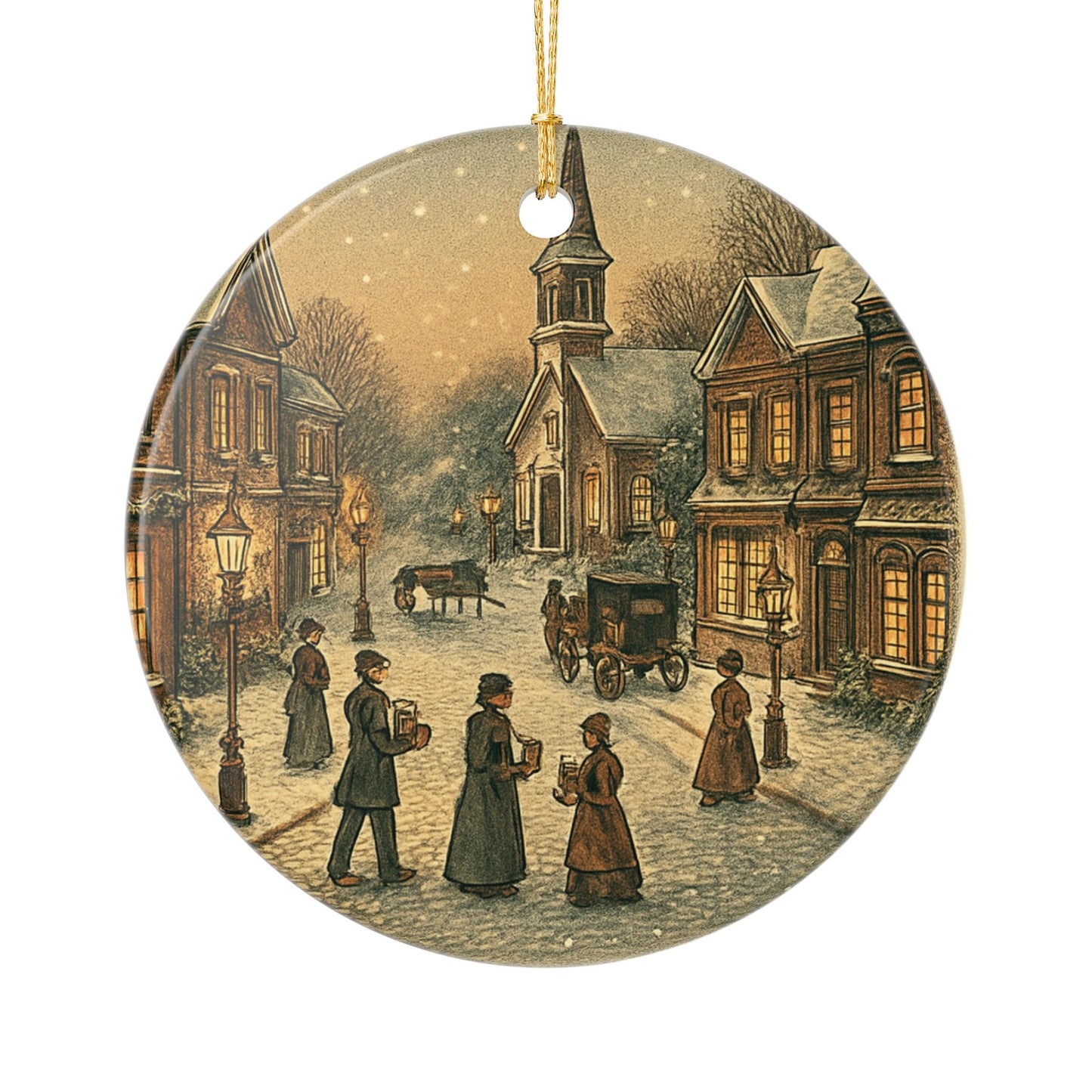 Vintage Victorian Village Scene Ceramic Christmas Tree Ornament
