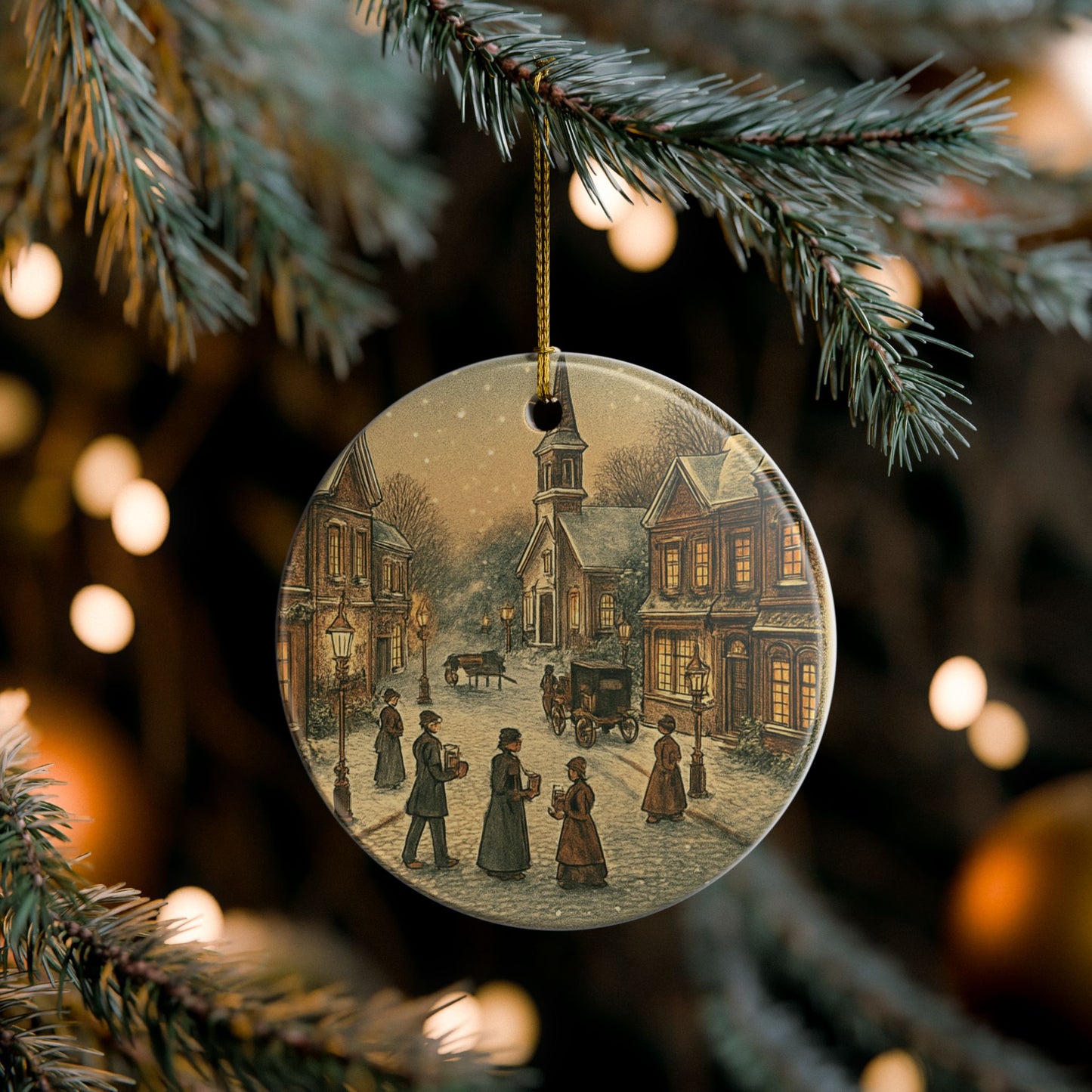 Vintage Victorian Village Scene Ceramic Christmas Tree Ornament