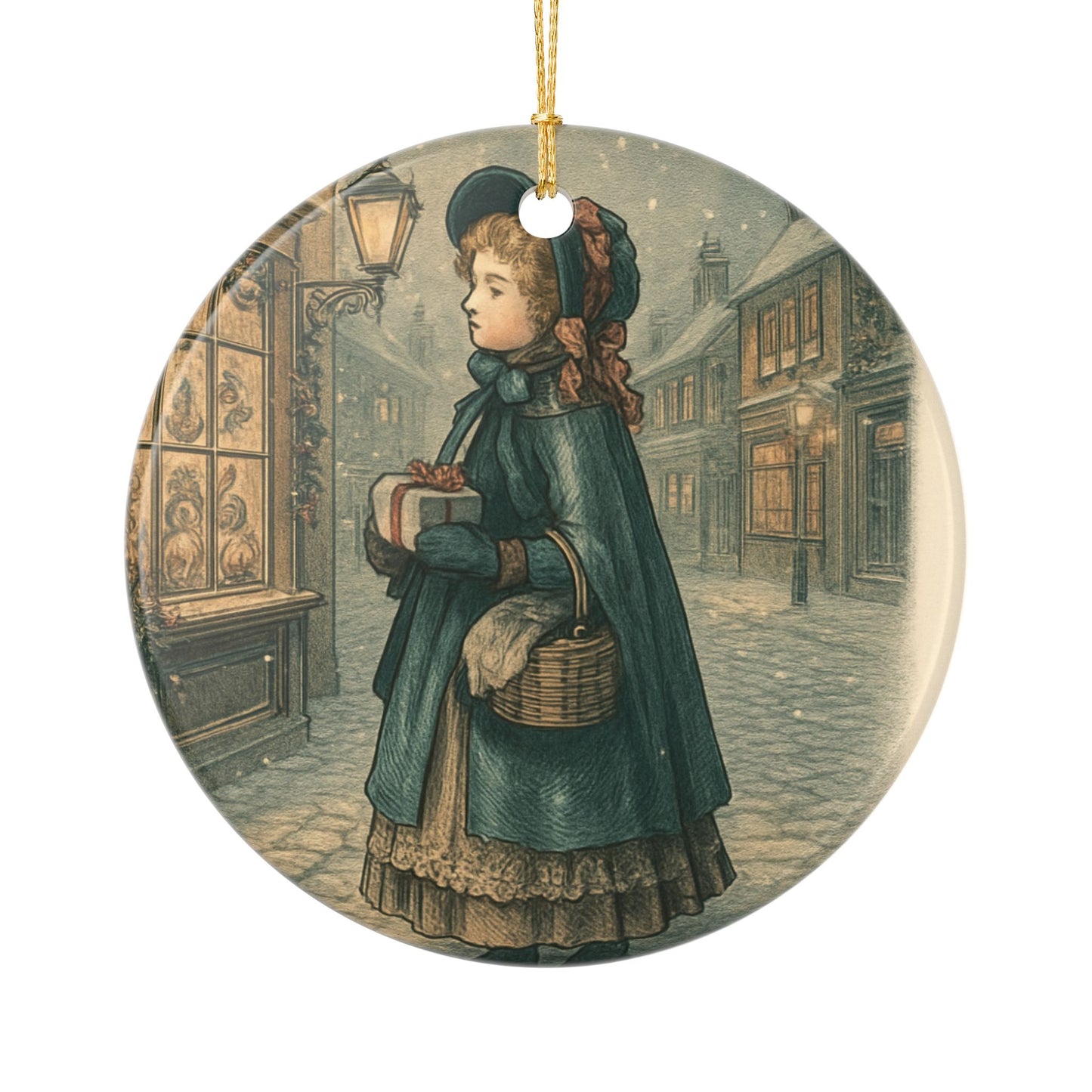 Victorian Little Girl Shopping Ceramic Christmas Tree Ornament