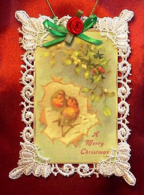 Victorian Christmas Card Lace Tree Ornament ~ Birds