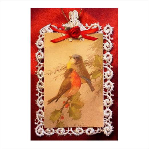 Vintage Lace Christmas Tree Post Card Ornament, Birds