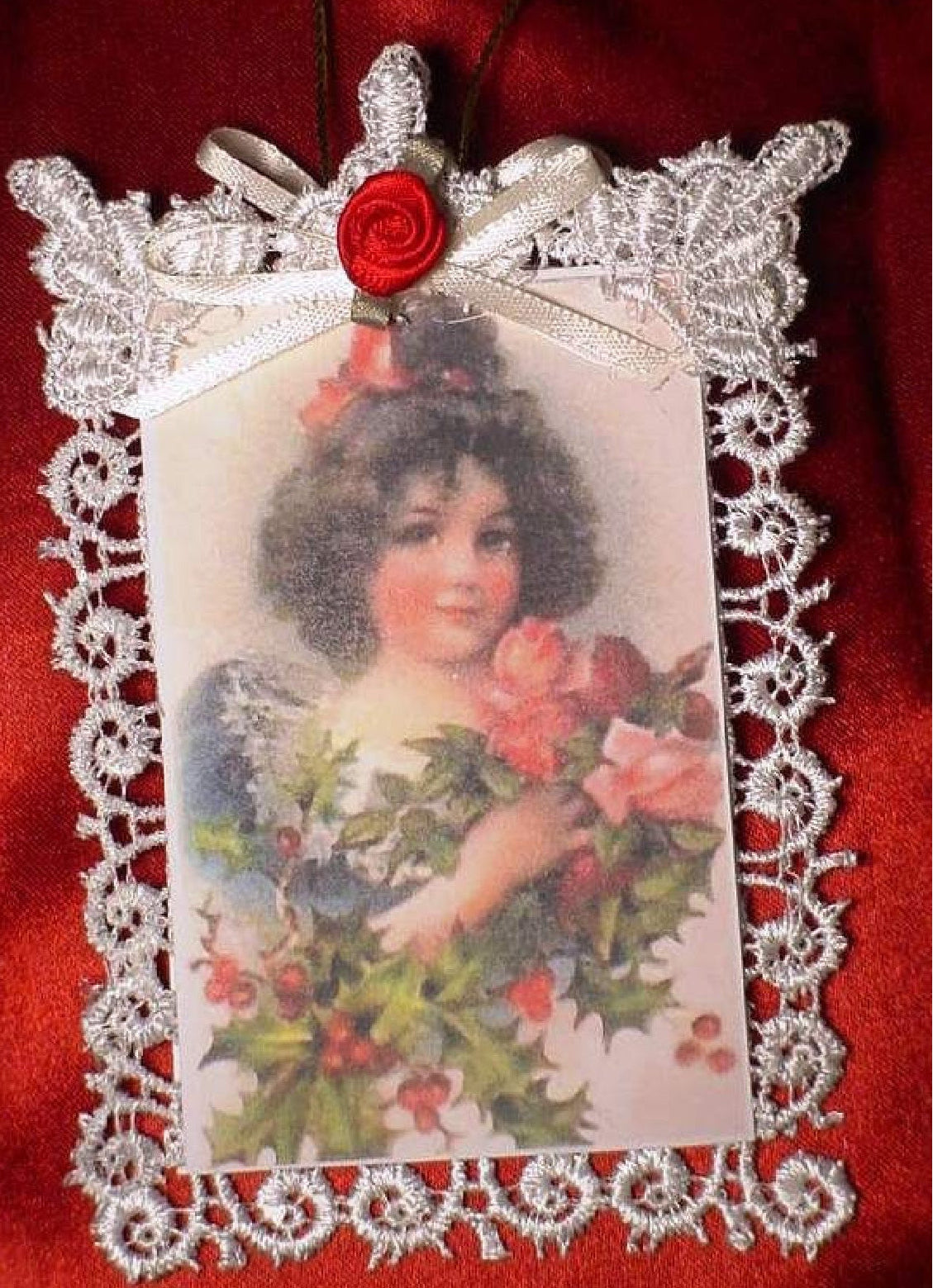 Vintage Lace Christmas Tree Post Card Ornament, Little Girl