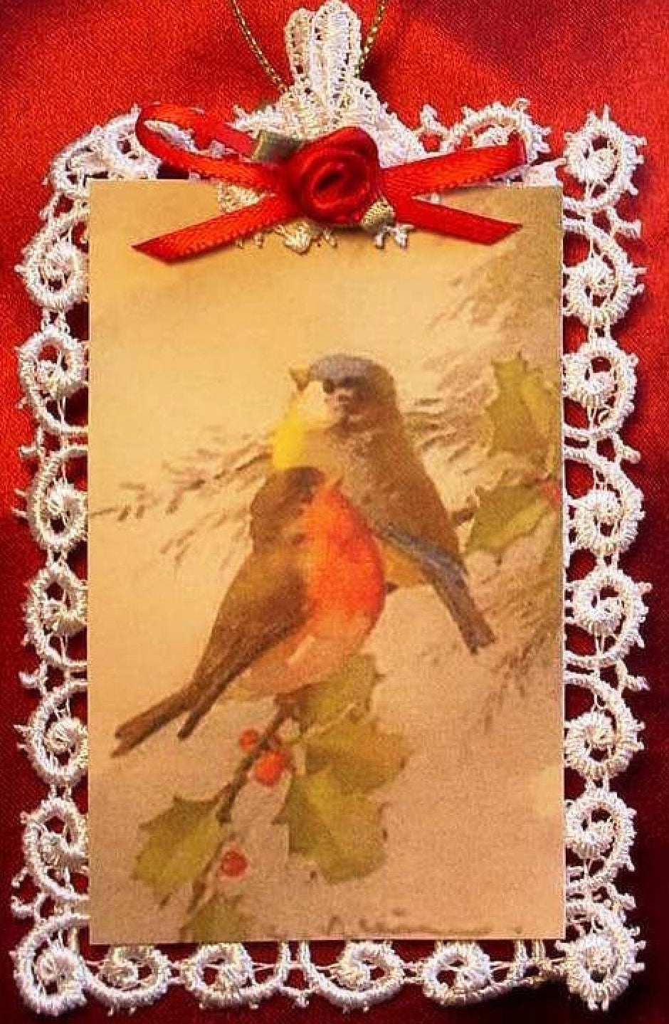 Vintage Lace Christmas Tree Post Card Ornament, Birds