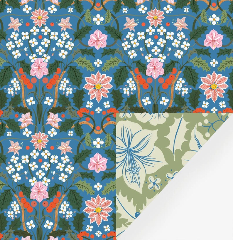 Reversible Sample Gift Wrap Sheet for Small Gifts - Blue & Green Flowers