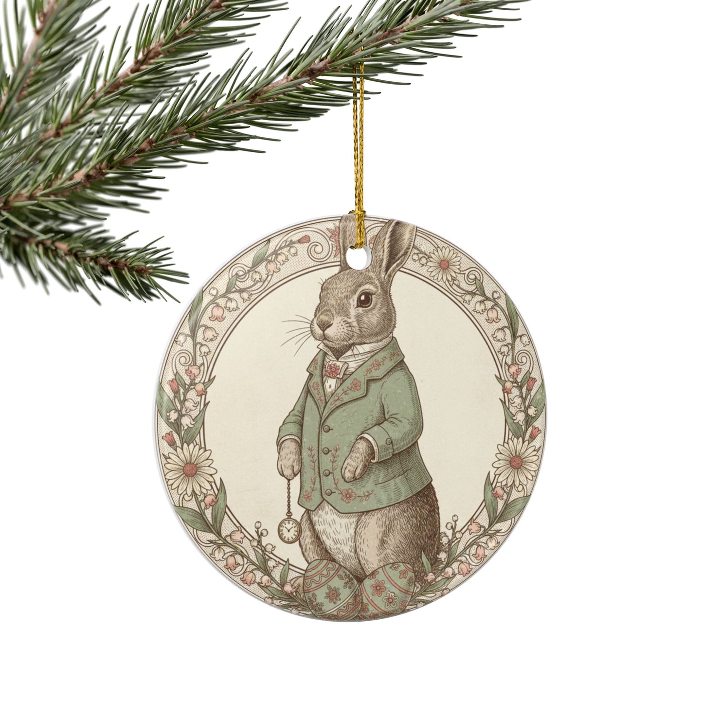 Victorian Bunny Rabbit Easter Ceramic Ornament