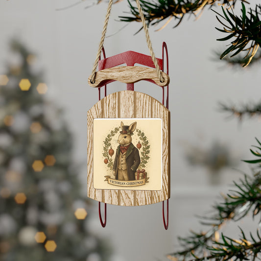 Victorian Christmas Tree Wooden Sled Ornament, Rabbit