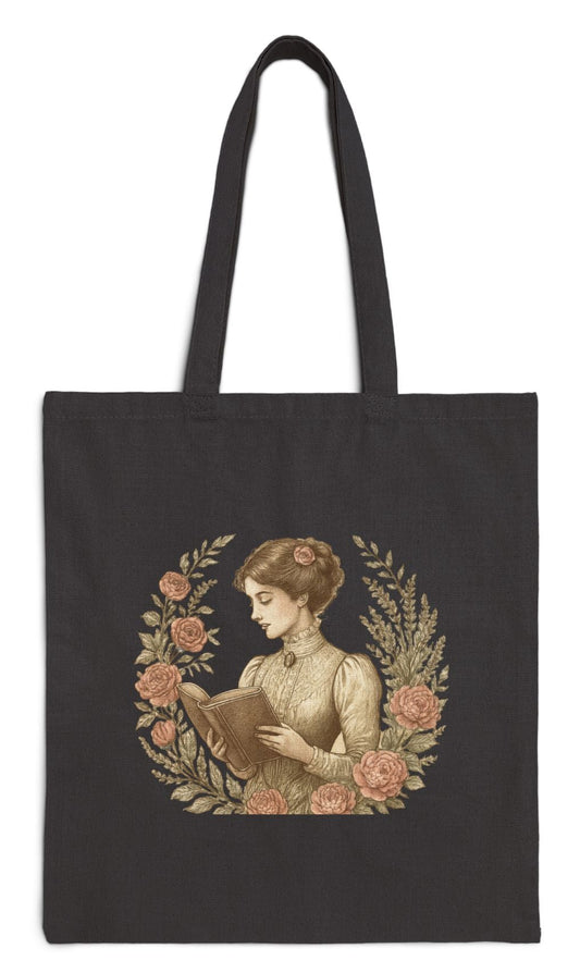 Vintage Cotton Canvas Shopping Tote Bag, Victorian Lady Reading Book