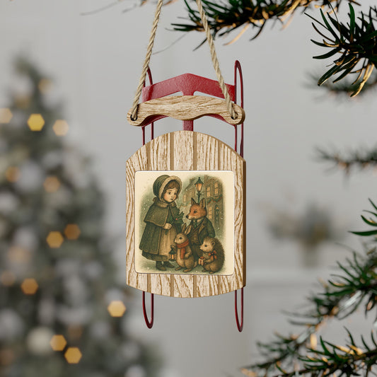 Victorian Christmas Tree Wooden Sled Ornament