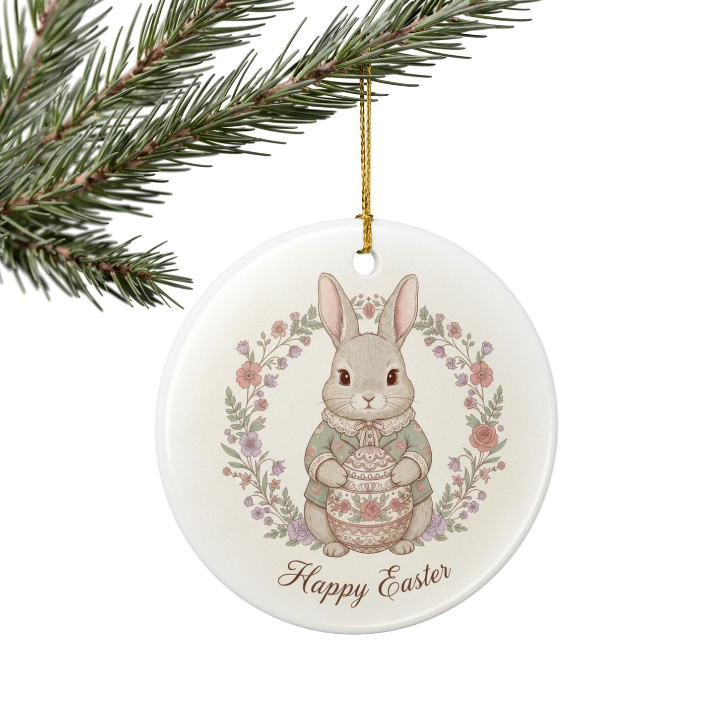 Happy Easter Bunny Rabbit Victorian Ceramic Ornament
