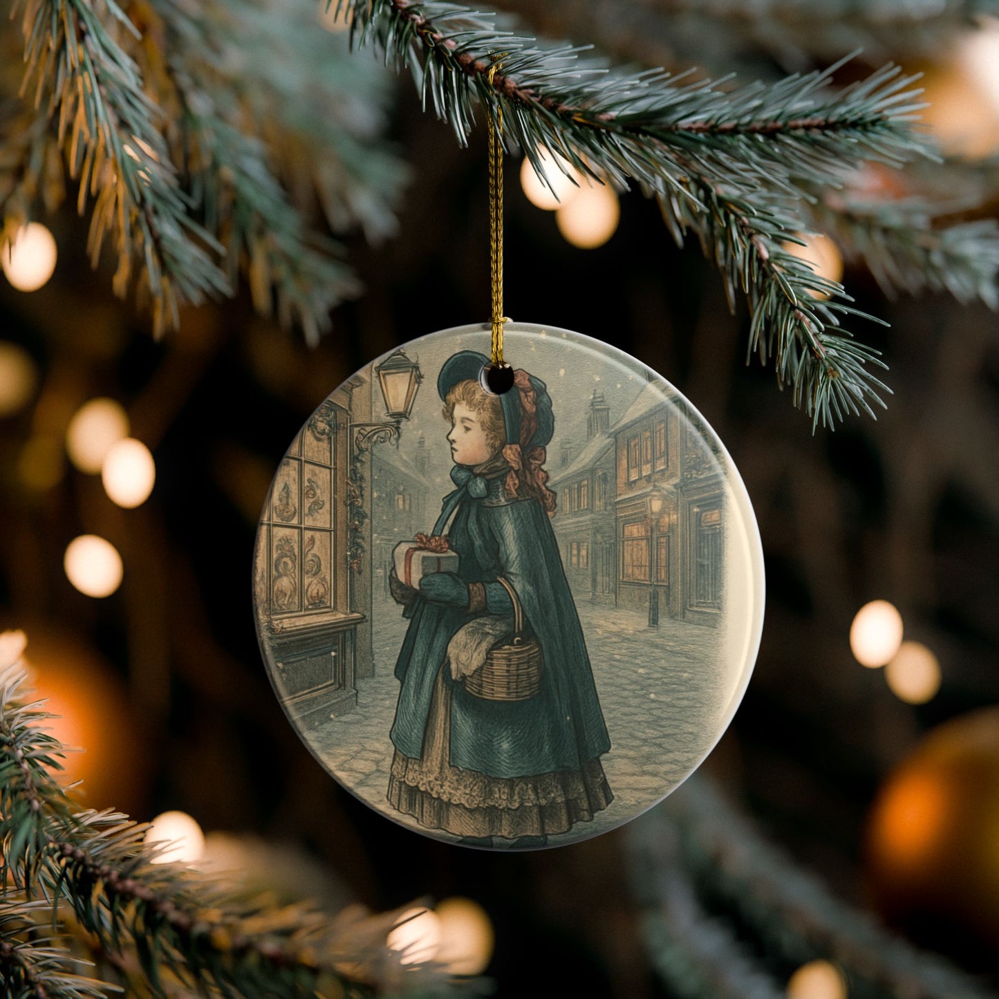 Victorian Little Girl Shopping Ceramic Christmas Tree Ornament