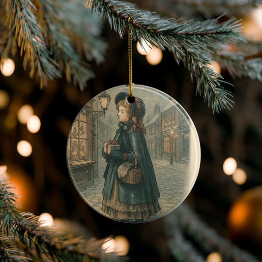 Victorian Little Girl Shopping Ceramic Christmas Tree Ornament