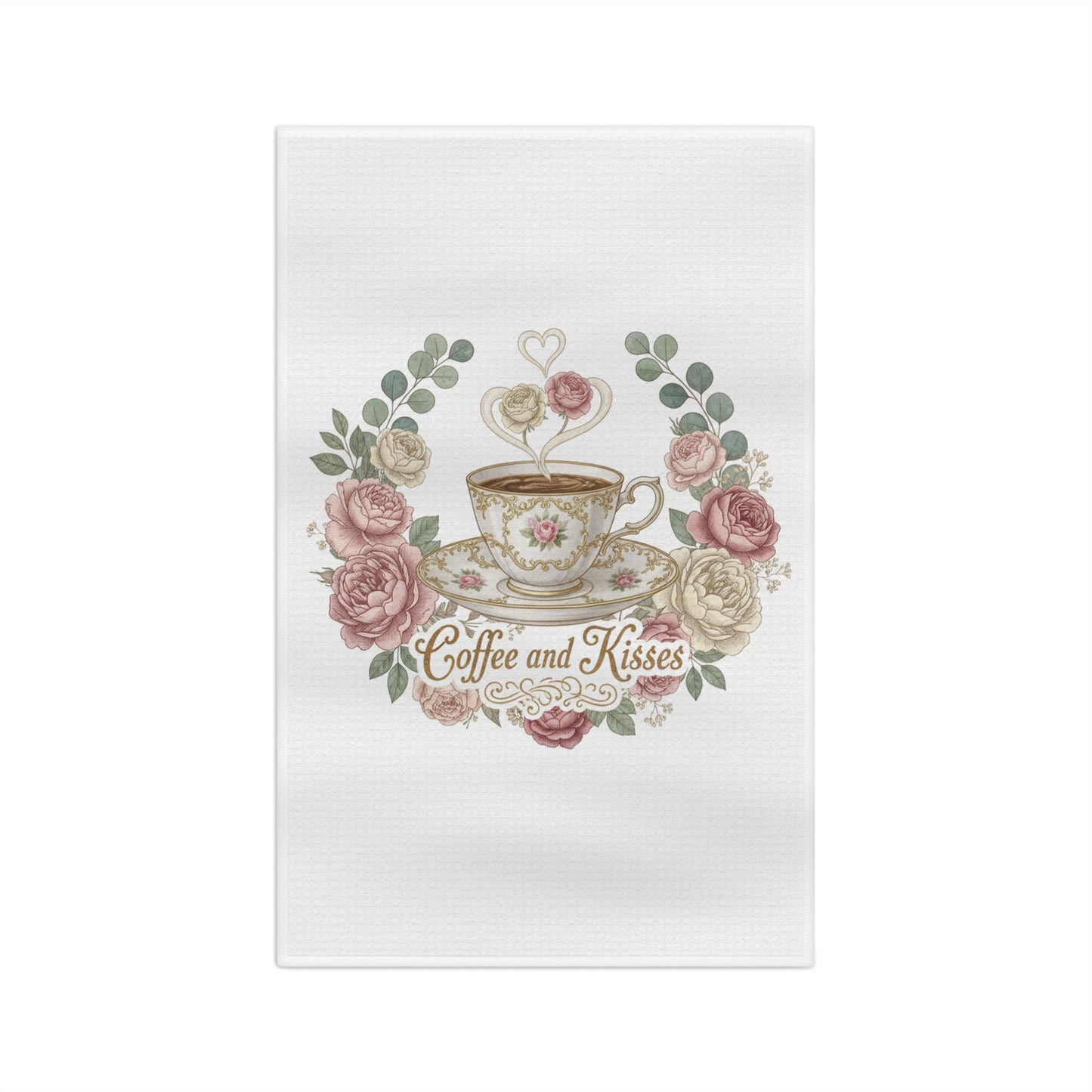 “Coffee & Kisses” Romantic Vintage Floral Valentine Kitchen Towel