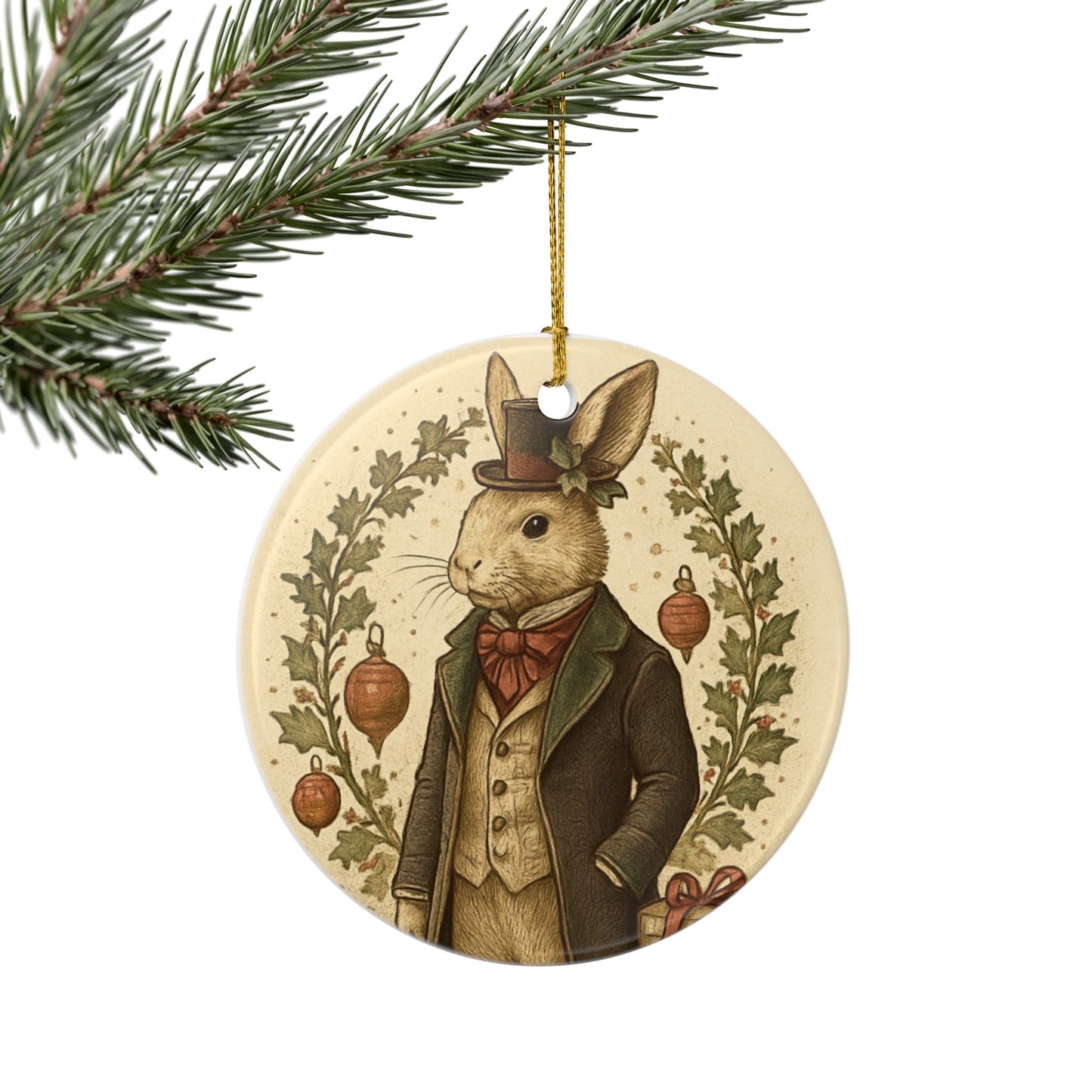 Victorian Bunny Ceramic Christmas Tree Ornament