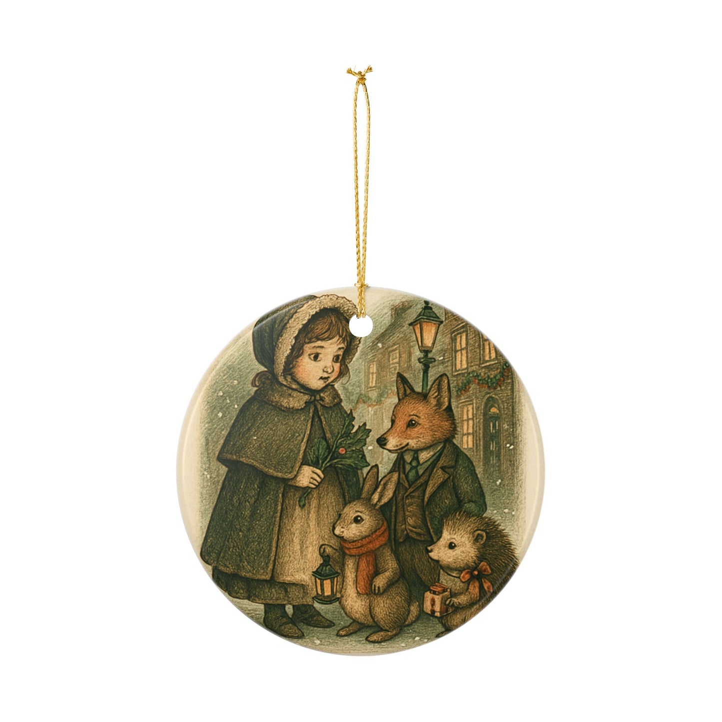 Ceramic Victorian Christmas Tree Ornament, Woodland Animals & Little Girl