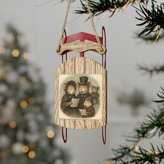 Victorian Christmas Tree Wooden Sled Ornament, Mice