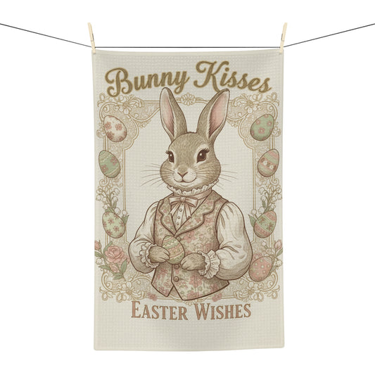 "Bunny Kisses, Easter Wishes" Victorian Rabbit Microfiber Kitchen Tea Towel