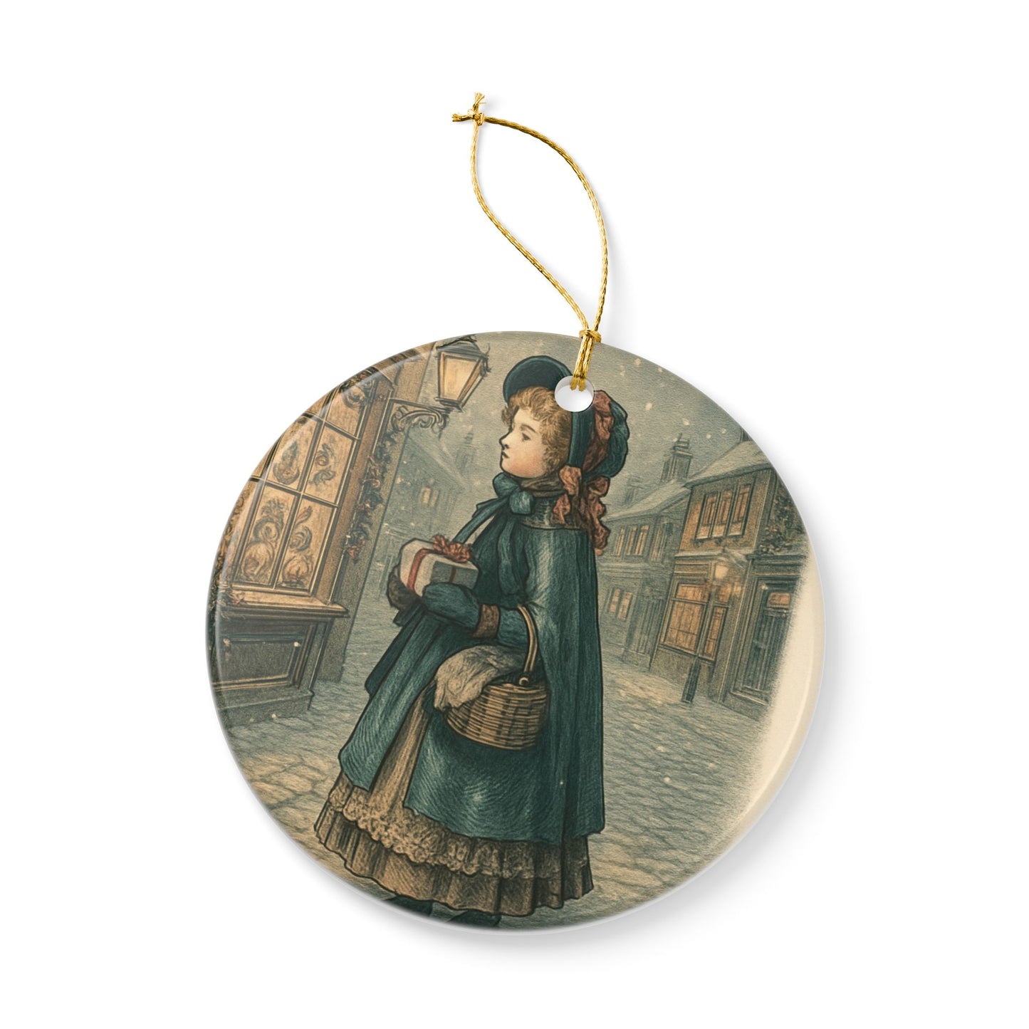 Victorian Little Girl Shopping Ceramic Christmas Tree Ornament