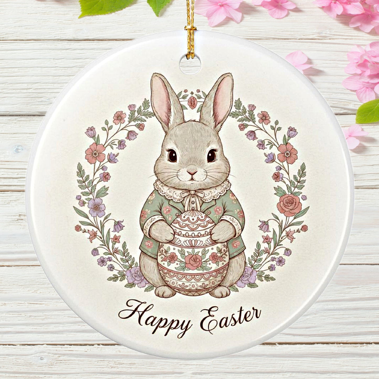 Happy Easter Bunny Rabbit Victorian Ceramic Ornament