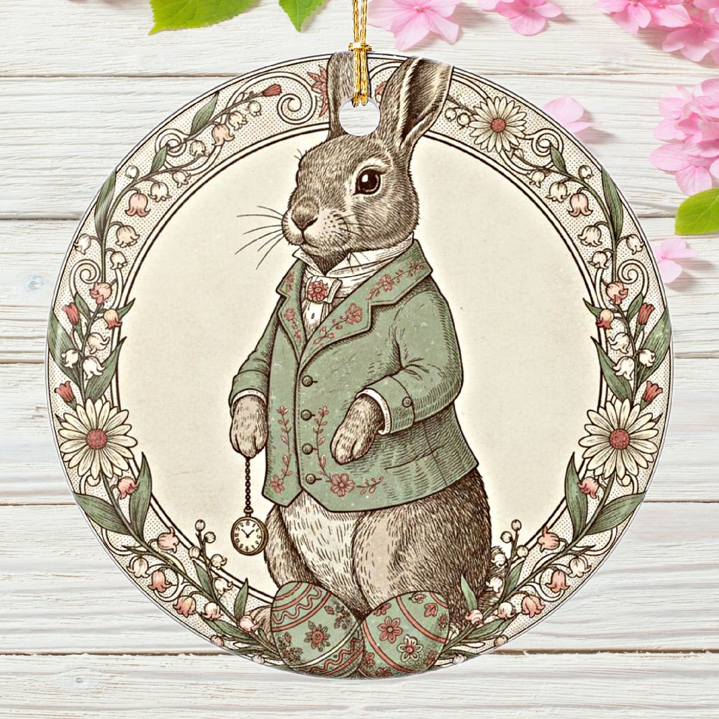 Victorian Bunny Rabbit Easter Ceramic Ornament