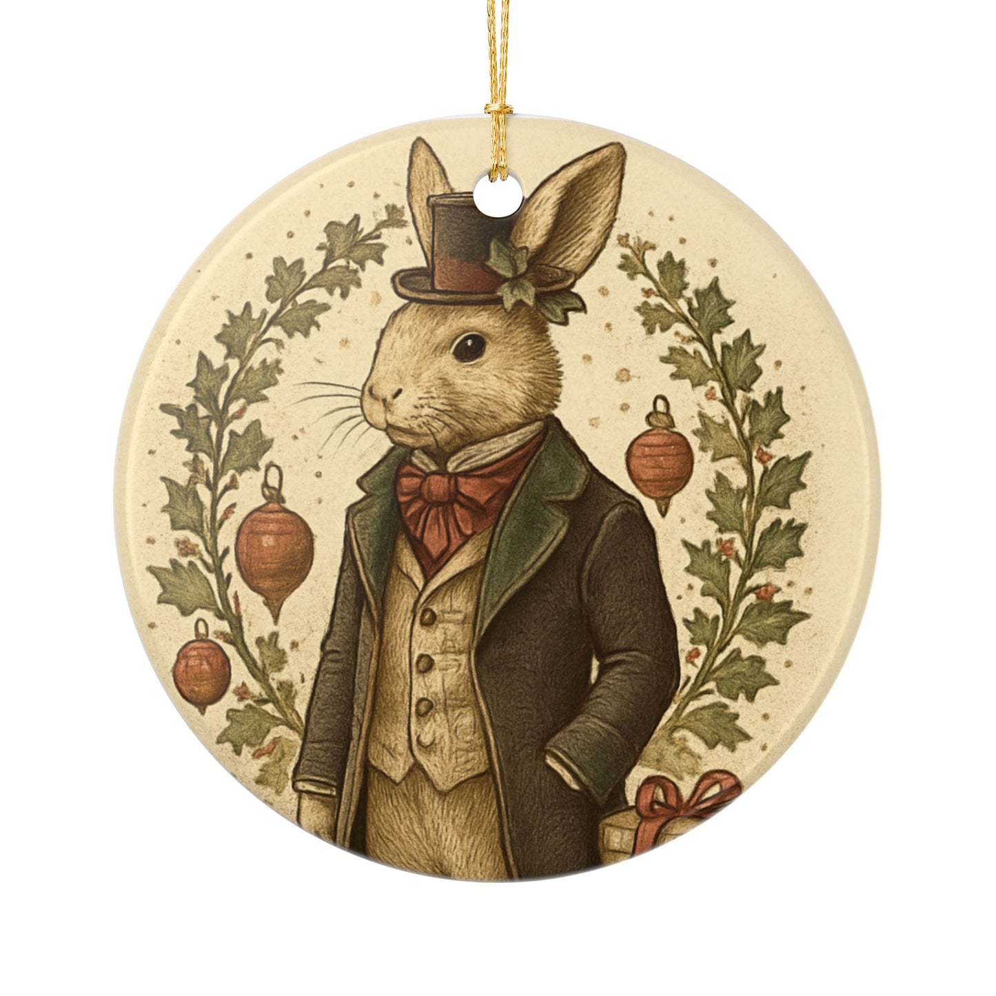 Victorian Bunny Ceramic Christmas Tree Ornament