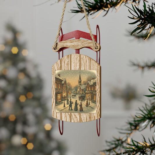 Victorian Christmas Tree Wooden Sled Ornament, Snowy Village