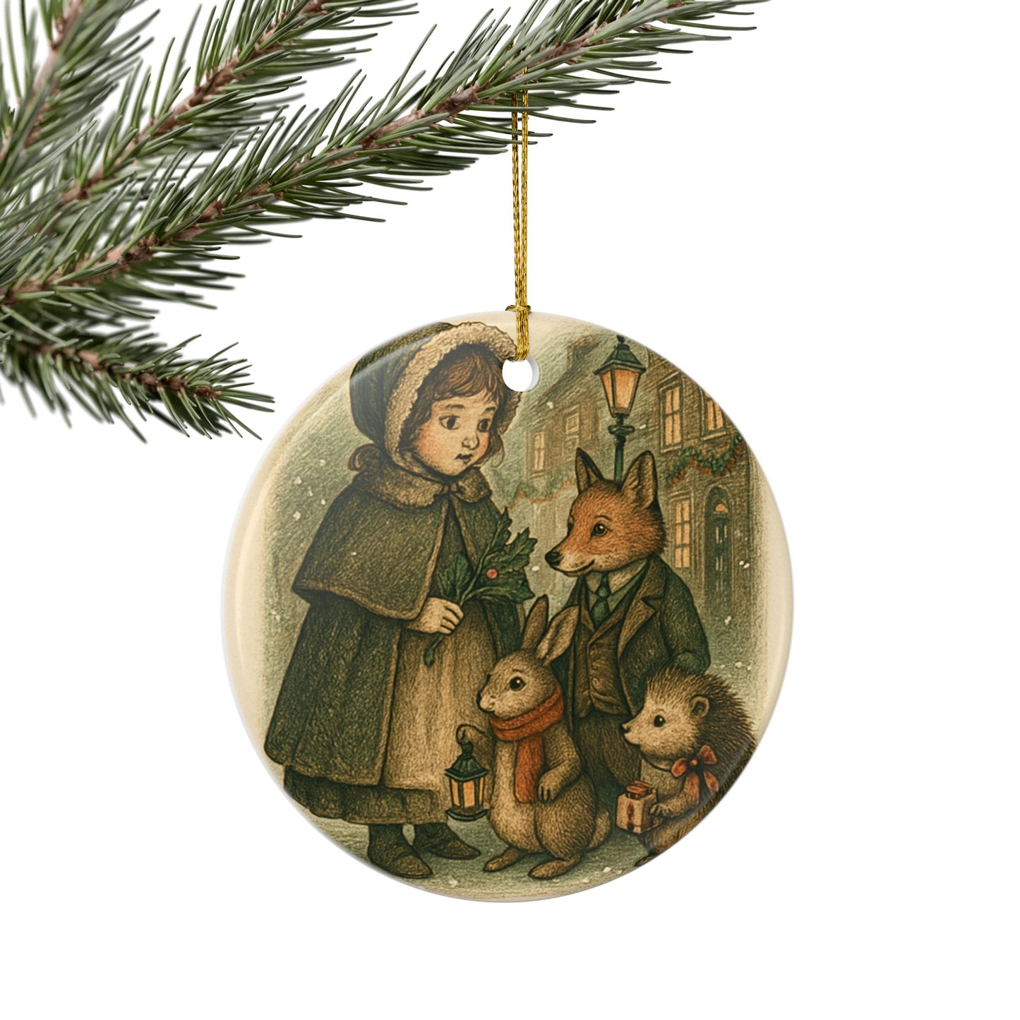 Ceramic Victorian Christmas Tree Ornament, Woodland Animals & Little Girl