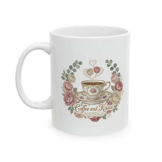 Coffee & Kisses Floral Valentine`s Day Ceramic Mug, 11oz