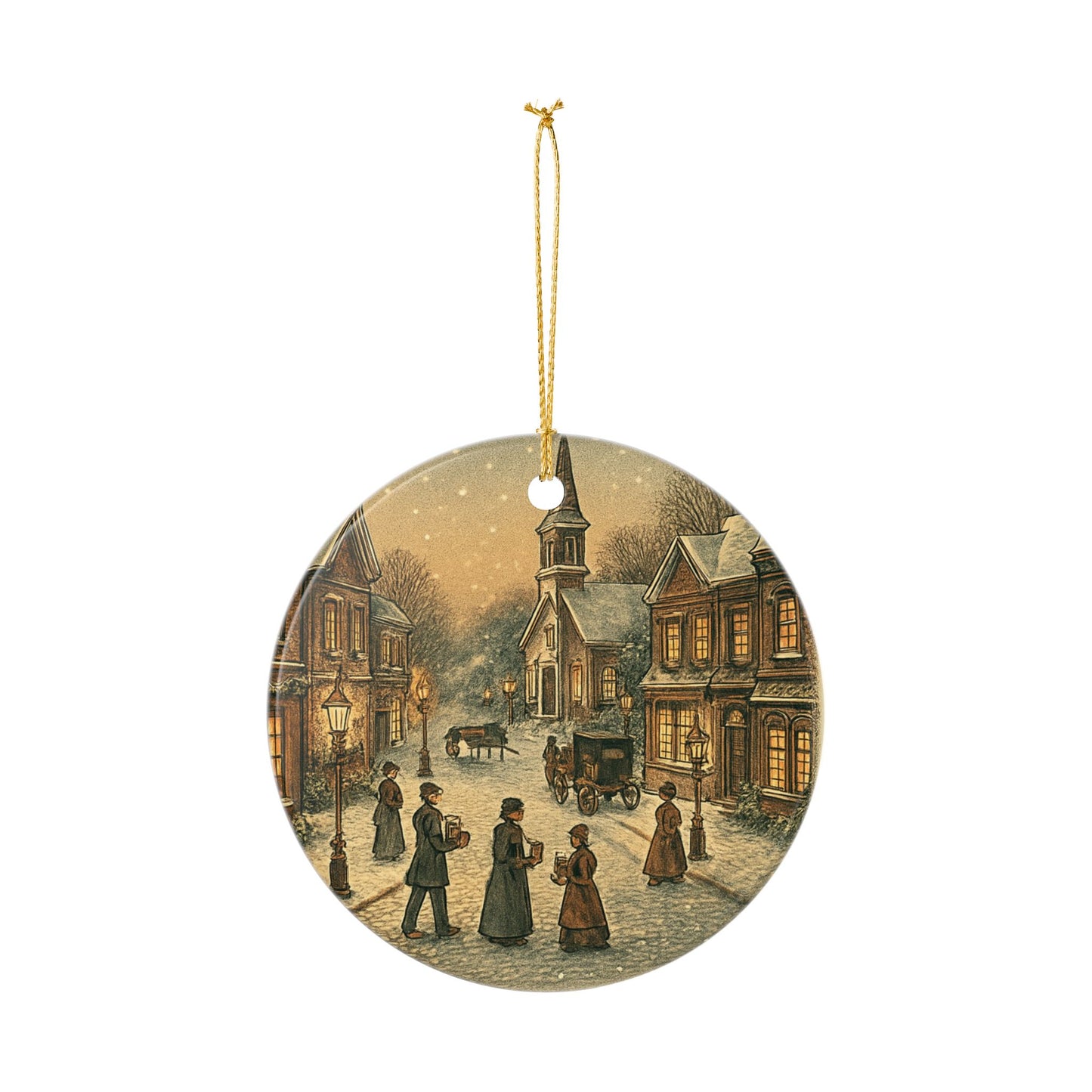 Vintage Victorian Village Scene Ceramic Christmas Tree Ornament