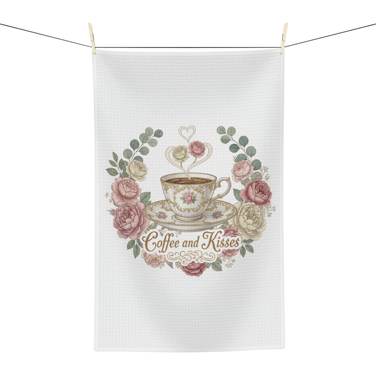 “Coffee & Kisses” Romantic Vintage Floral Valentine Kitchen Towel