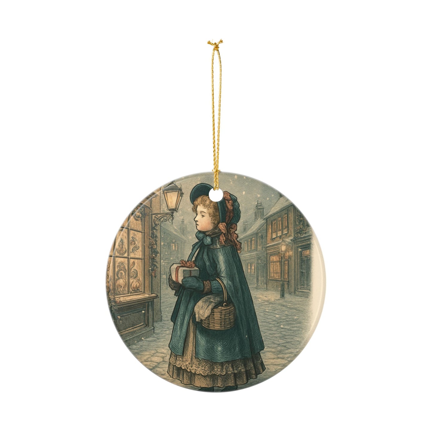 Victorian Little Girl Shopping Ceramic Christmas Tree Ornament