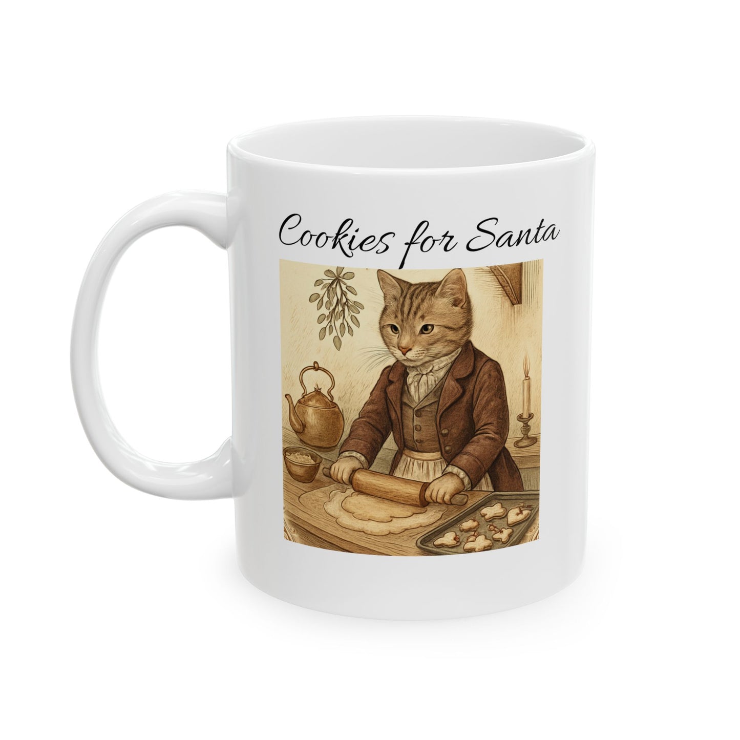 Victorian Christmas Cat Ceramic Mug, 11 oz