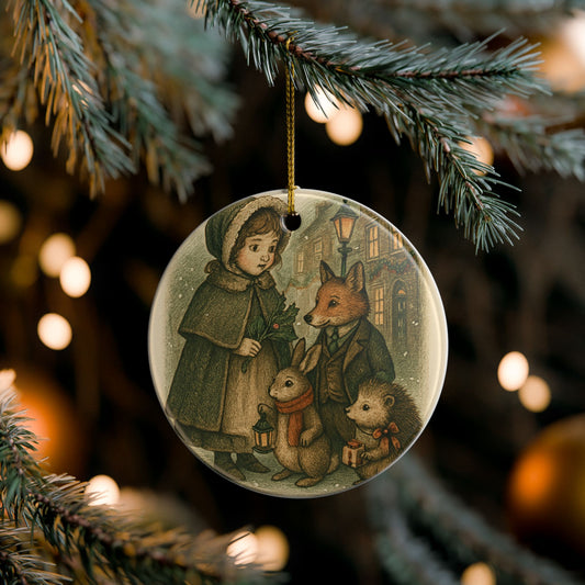 Ceramic Victorian Christmas Tree Ornament, Woodland Animals & Little Girl