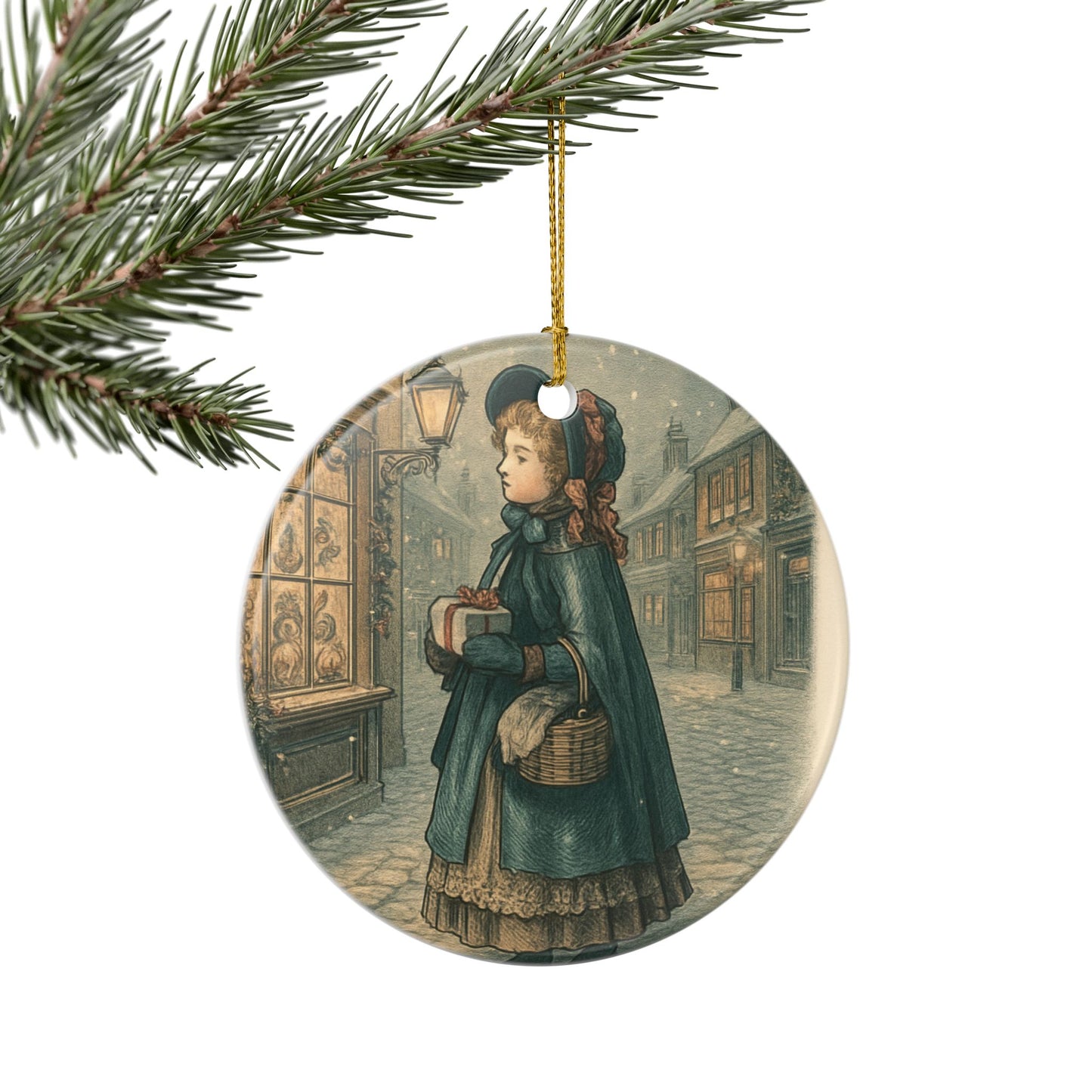 Victorian Little Girl Shopping Ceramic Christmas Tree Ornament