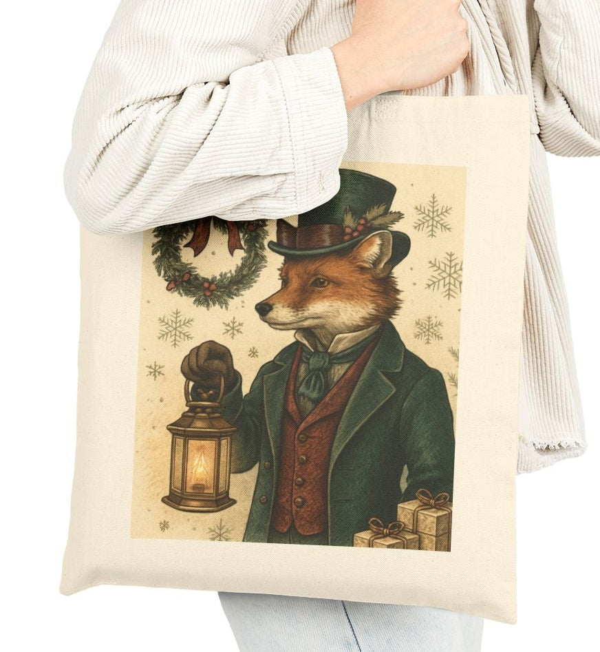 Mr. Fox Victorian Christmas Cotton Canvas Tote Bag