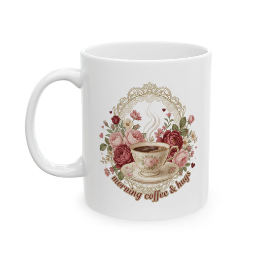 "Morning Coffee & Hugs" Floral Valentine`s Day Ceramic Mug, 11oz