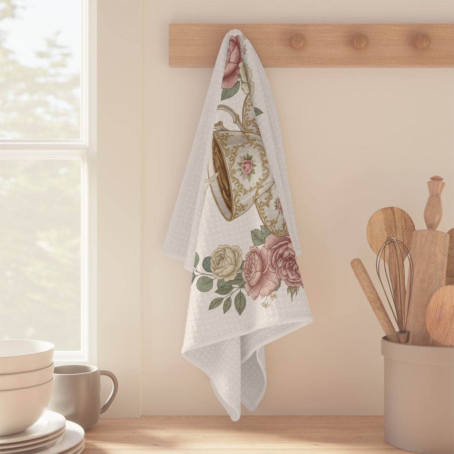 “Coffee & Kisses” Romantic Vintage Floral Valentine Kitchen Towel