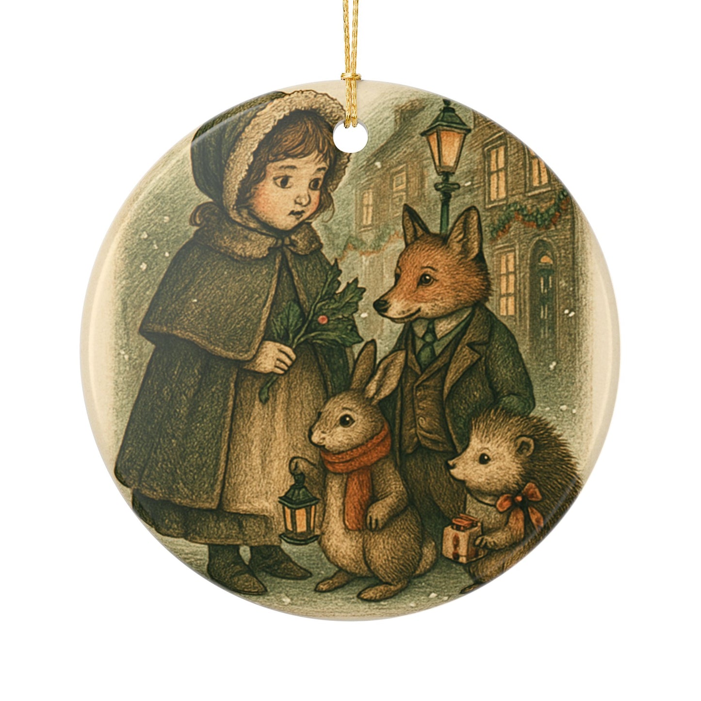 Ceramic Victorian Christmas Tree Ornament, Woodland Animals & Little Girl