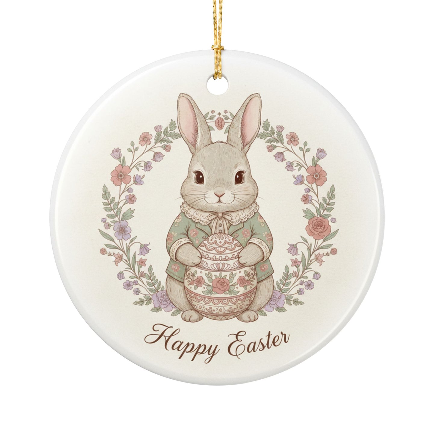 Happy Easter Bunny Rabbit Victorian Ceramic Ornament