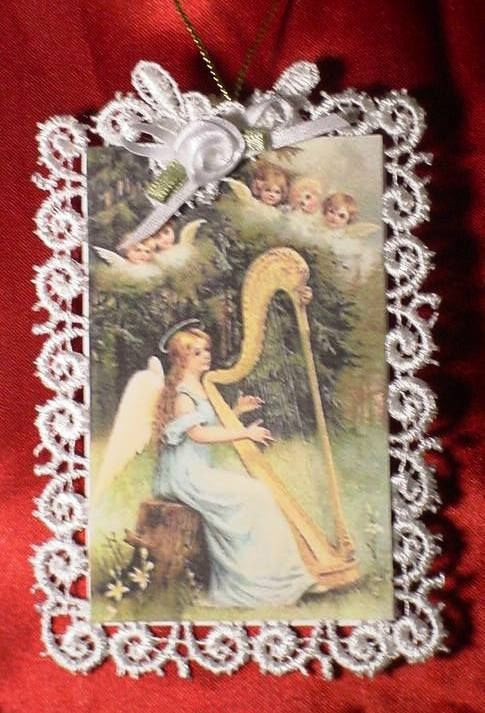 Victorian Christmas Card Lace Tree Ornament ~ Harp Angel