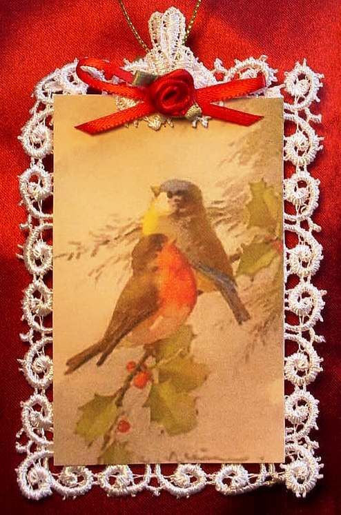 Victorian Christmas Card Lace Tree Ornament ~ Love Birds