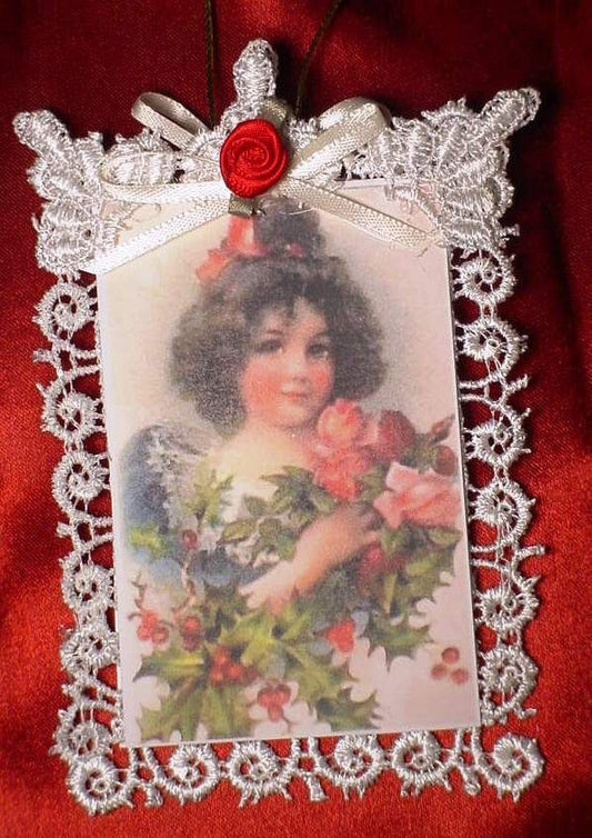 Victorian Christmas Card Lace Tree Ornament ~ Little Girl