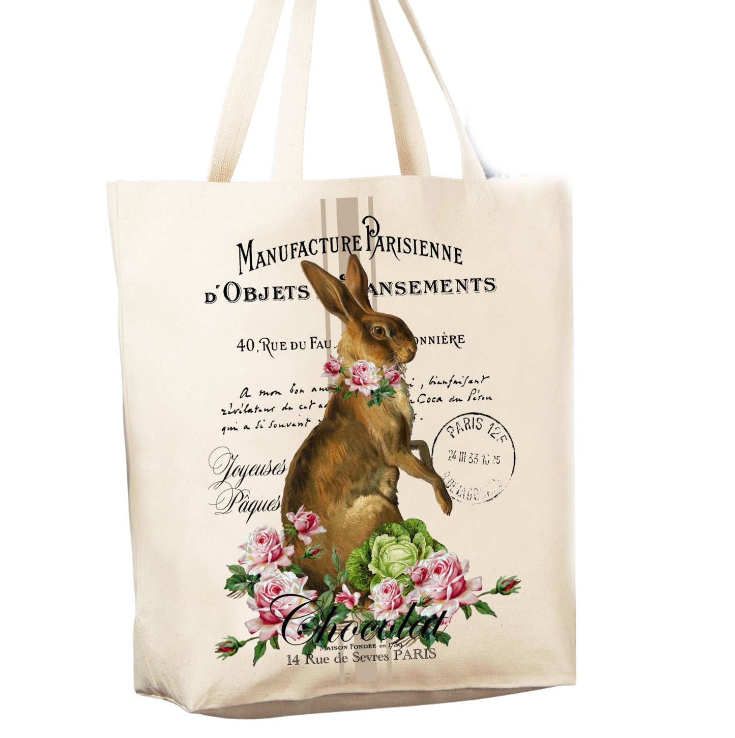 Cotton Grocery Shopping or Book Tote - French Easter Bunny