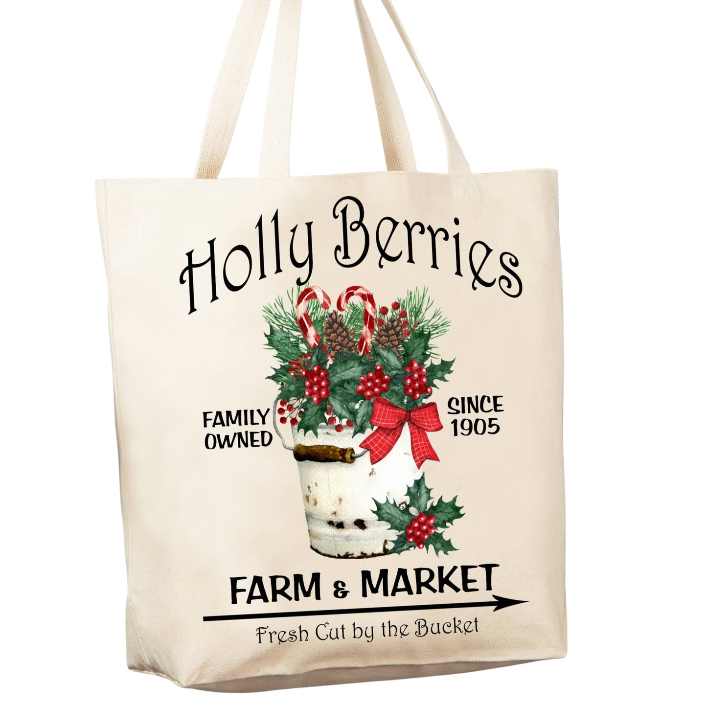 Cotton Grocery Shopping or Book Tote - Holly Berries