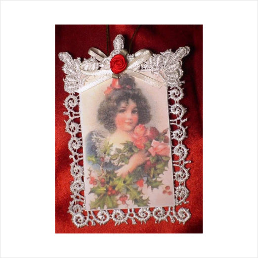 Vintage Lace Christmas Tree Post Card Ornament, Little Girl