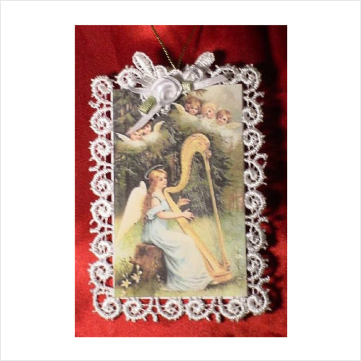Vintage Lace Christmas Tree Post Card Ornament, Harp Angel